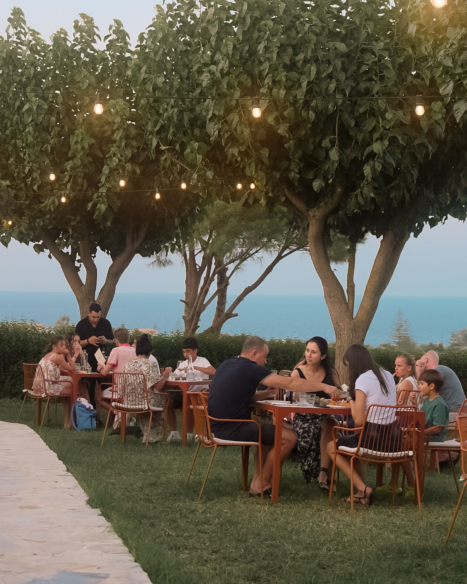 Guests dining under the trees and string lights at dusk