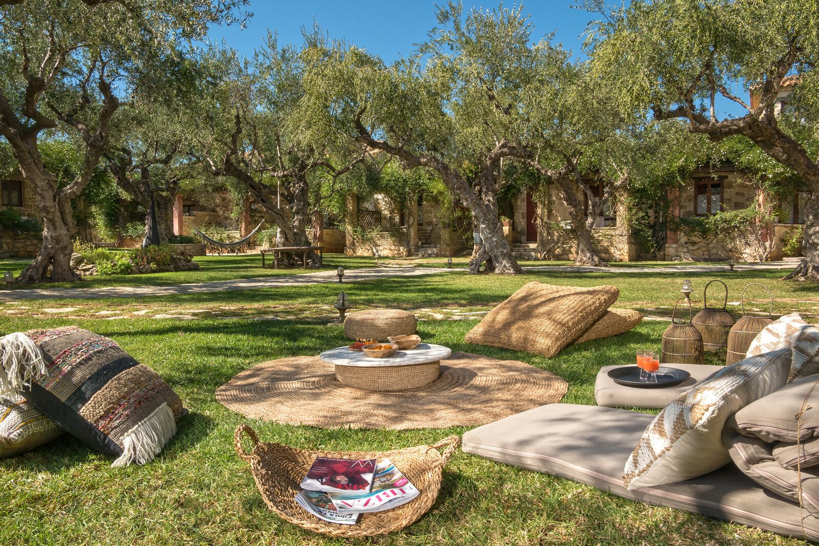 Cushions and rugs laid on the grass under the olive trees