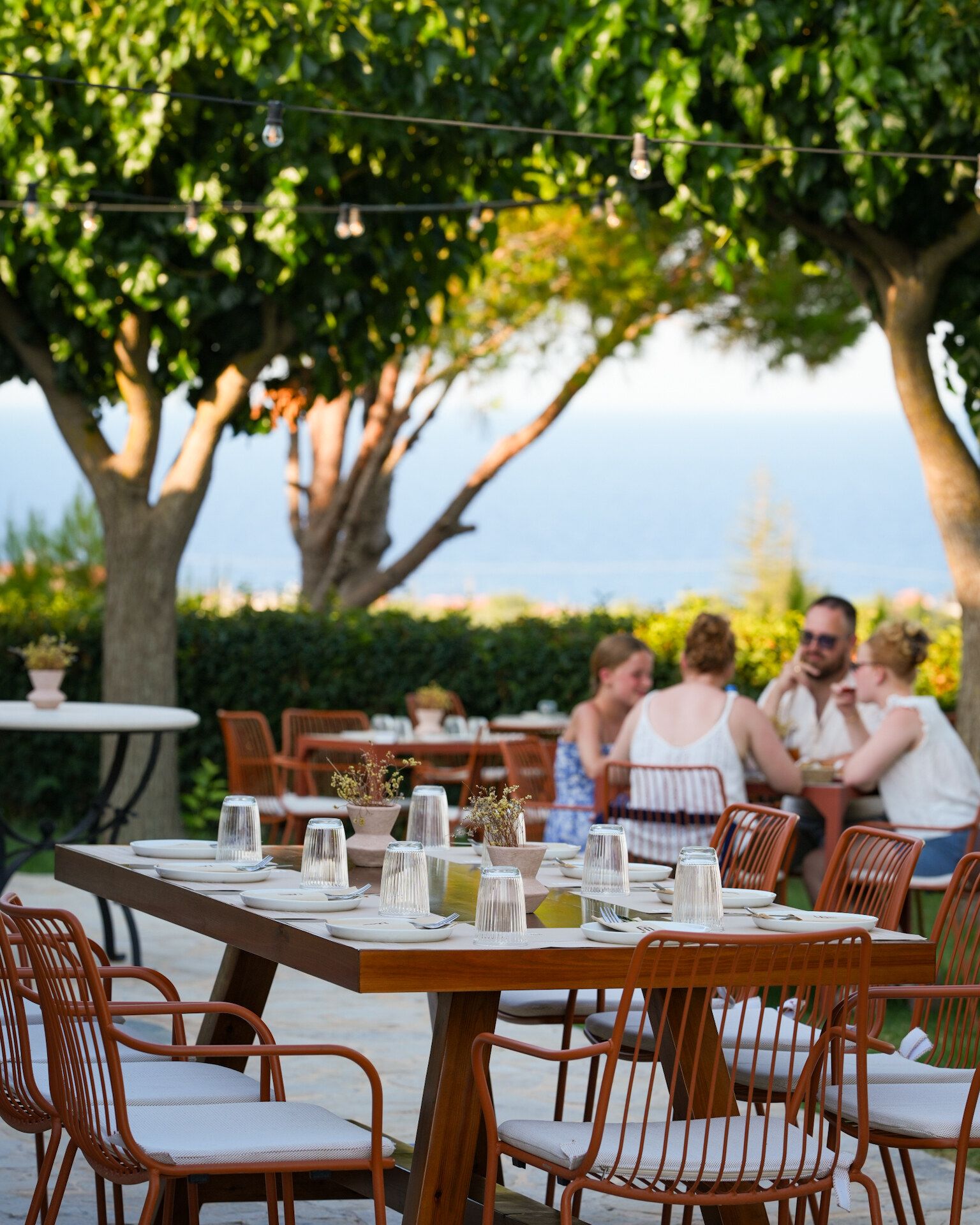 A table set for dinner in the Meraki garden, with guests and the sea behind